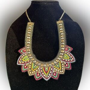 Nine West Colorful Ethic Mesh Bib collar Maxi Beaded Statement Necklace 32”